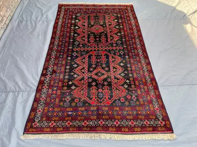 5x8.3 ft Afghan Belouch Rug | Hand Knotted Tribal Wool Carpet | Black Red Geometric Design | Vintage Bedroom R