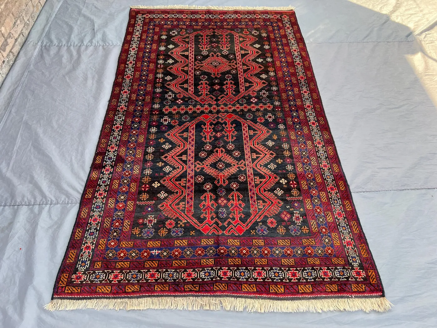 5x8.3 ft Afghan Belouch Rug | Hand Knotted Tribal Wool Carpet | Black Red Geometric Design | Vintage Bedroom Rug | Boho Nomadic Floor Decor