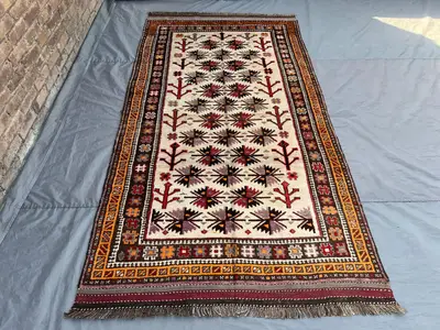 Antique 5x9.2 ft Afghan Baluchi Rug | Hand Knotted Tribal Wool Carpet | Ivory Tree of Life Design | Oriental N