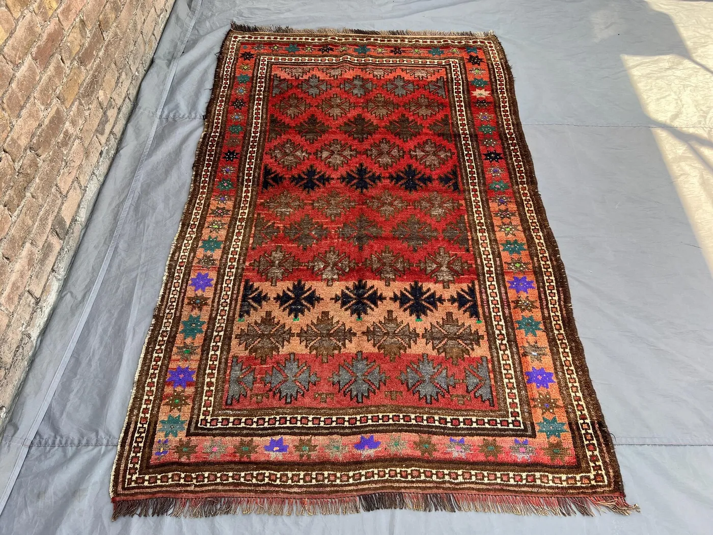 Antique Afghan Rug | 4.9x7.6 ft Hand-Knotted Wool Carpet | Rare Tribal Geometric Pattern | Bedroom Area Rug | Oriental Vintage Home Decor