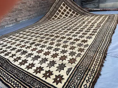 7x10 Vintage Afghan Baluchi Rug | Hand Knotted Fine Wool Carpet | Moroccan Star Design | Large Tribal Boho Flo