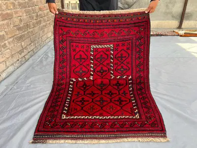 2.10x3.10 ft Antique Baluchi Prayer Rug | Afghan Hand Knotted Tribal Wool Mat | Red Mihrab Small Carpet | Vint