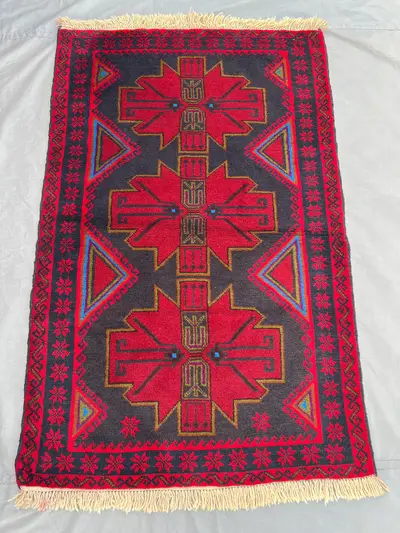 3.2x5 Afghan Baluchi Rug | Hand Knotted Tribal Wool Carpet | Bold Geometric Medallion Design | Red Black Accen