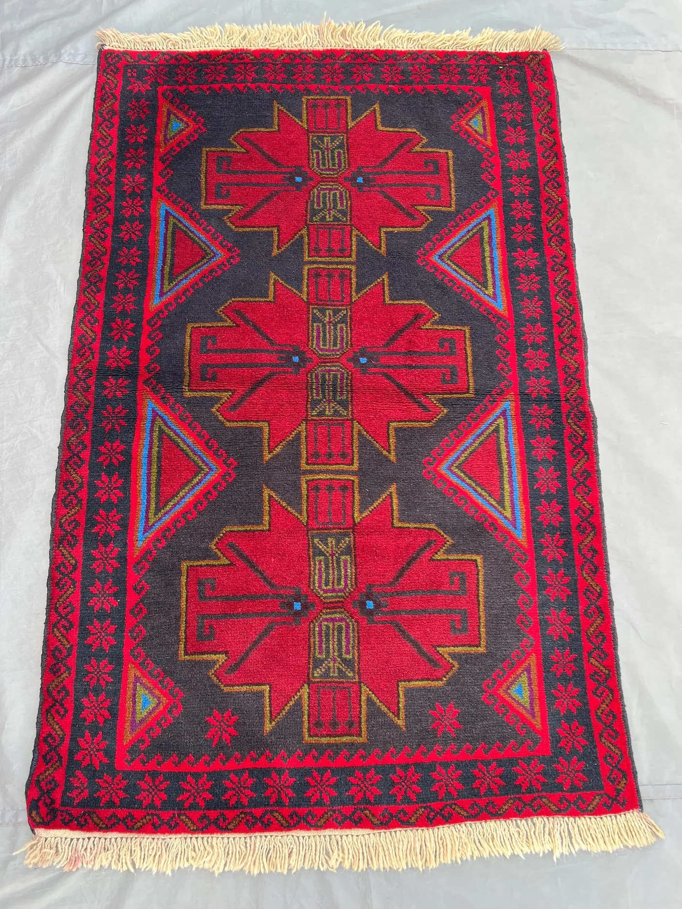 3.2x5 Afghan Baluchi Rug | Hand Knotted Tribal Wool Carpet | Bold Geometric Medallion Design | Red Black Accent Rug | Boho Decor Mat