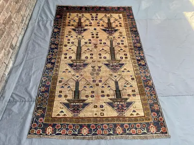 Antique 4.6x7.5 ft Afghan Floral Pot Rug | Hand Knotted Wool Carpet | Tribal Vase Design | Vintage Oriental Ro
