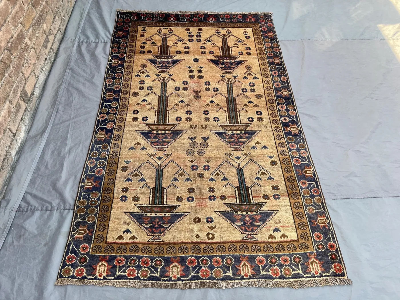 Antique 4.6x7.5 ft Afghan Floral Pot Rug | Hand Knotted Wool Carpet | Tribal Vase Design | Vintage Oriental Room Decor | Boho Area Wool Rug