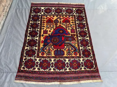 Vintage 4.3x6 ft Afghan Baluchi Rug | Hand Knotted Tribal Wool Carpet | Bold Nomadic Design | Red Blue Ethnic 