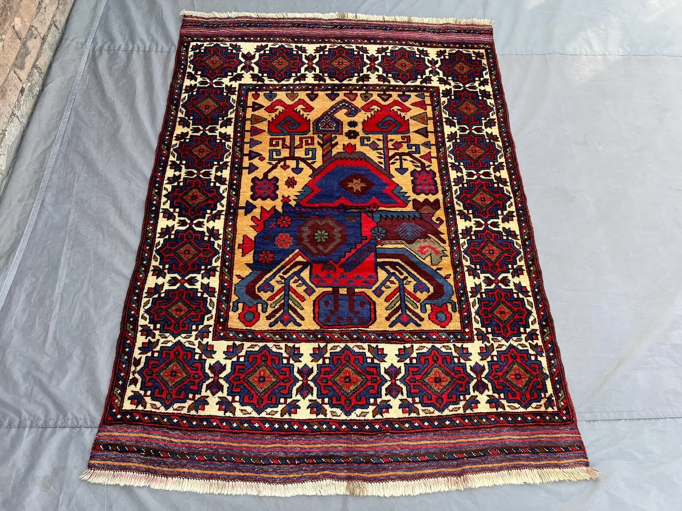 Vintage 4.3x6 ft Afghan Baluchi Rug | Hand Knotted Tribal Wool Carpet | Bold Nomadic Design | Red Blue Ethnic Decor Mat | Oriental Art Rug