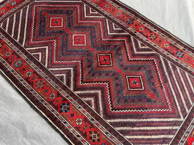 2.11x5.1 ft Afghan Baluchi Rug | Antique Hand Knotted Wool Carpet | Geometric Tribal Zigzag Design | Vintage N