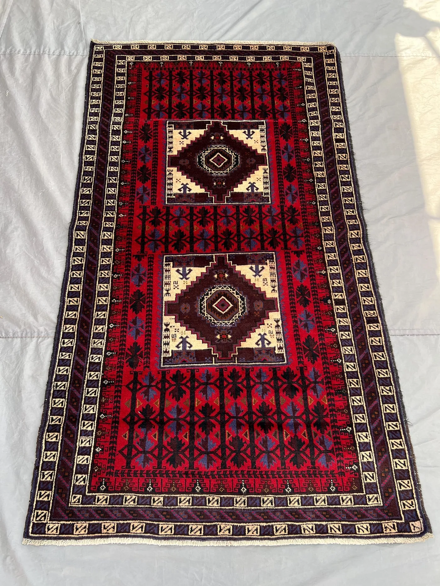 4x7 Afghan Tribal Rug | Antique Hand Knotted Wool Carpet | Red Geometric Medallion Area Rug | Nomadic Vintage Rug, Oriental Kitchen Rug