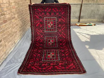 4.4x8 ft Afghan Baluchi Rug | Antique Hand Knotted Tribal Wool Carpet | Geometric Nomadic Area Rug | Vintage B