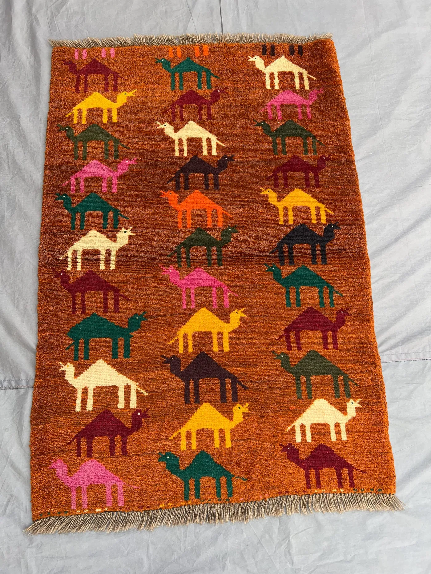 Vintage Afghan Camel Rug | 3x5 Baluchi Animal Pictorial Wool Rug | Orange Tribal Handmade Wall Hanging | Boho Hunting Area Carpet, Kids rug