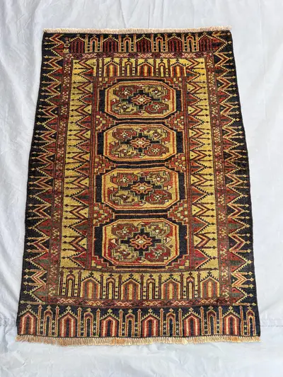 Vintage 2.10x4 ft Afghan Tribal Rug | Hand Knotted Wool Carpet | Geometric Floral Design | Yellow Black Accent