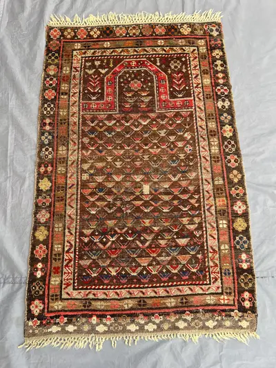 Antique Afghan Prayer Rug 3x5 | 1900s Hand-Knotted Wool Islamic Mihrab Rug | Vintage Tribal Wall Hanging | Rus