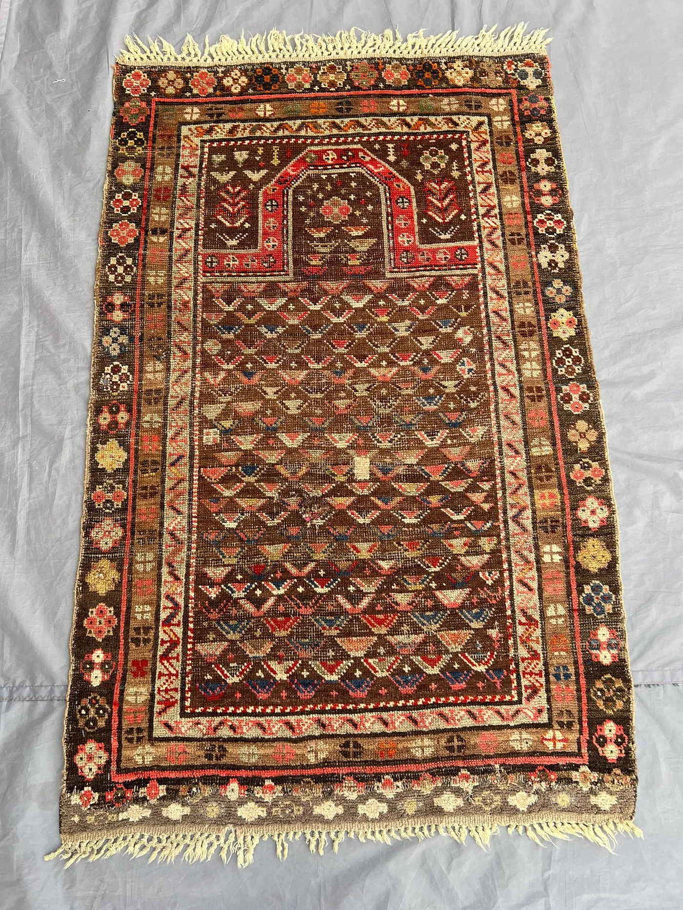 Antique Afghan Prayer Rug 3x5 | 1900s Hand-Knotted Wool Islamic Mihrab Rug | Vintage Tribal Wall Hanging | Rustic Brown No Pile Area Carpet