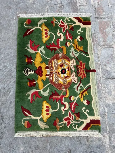 Afghan Pictorial Rug 2.1x3 ft | Hand Knotted Dragon Design | Vintage Green Moroccan Style Wool Rug | Small Ori