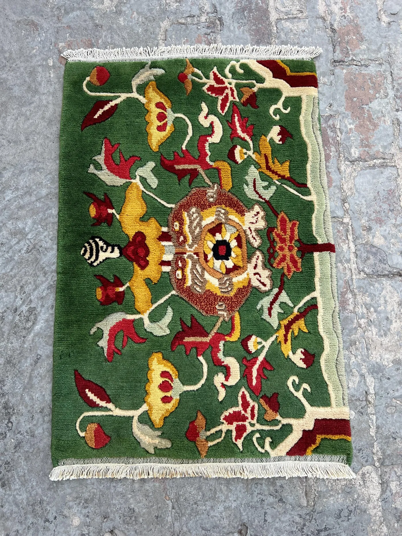 Afghan Pictorial Rug 2.1x3 ft | Hand Knotted Dragon Design | Vintage Green Moroccan Style Wool Rug | Small Oriental Moss Accent Carpet