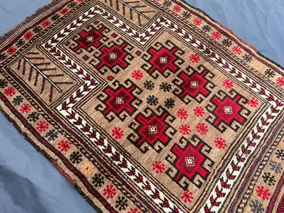 Antique Afghan Prayer Rug 2.6x3.7 ft | Hand Knotted Tribal Wool Rug | Vintage Small Carpet | Red Tan Nomadic G