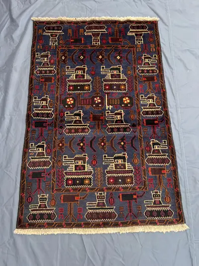 Afghan War Rug 3x5 | Hand Knotted Wool Pictorial Rug | Blue Red Vintage Military Design | Collectible Tribal O