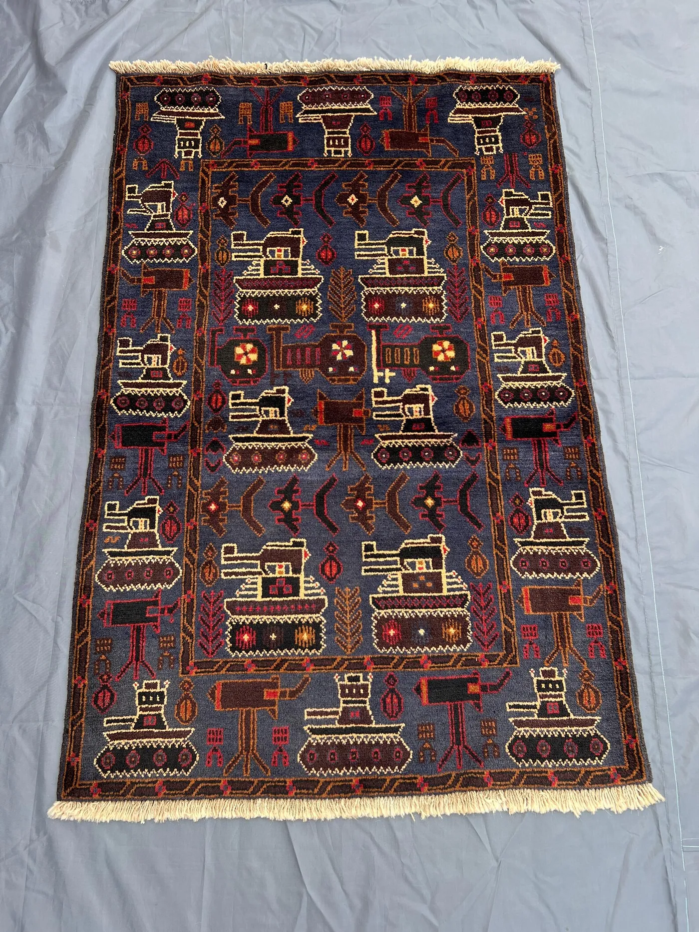Afghan War Rug 3x5 | Hand Knotted Wool Pictorial Rug | Blue Red Vintage Military Design | Collectible Tribal Oriental Art Rug, office Rug