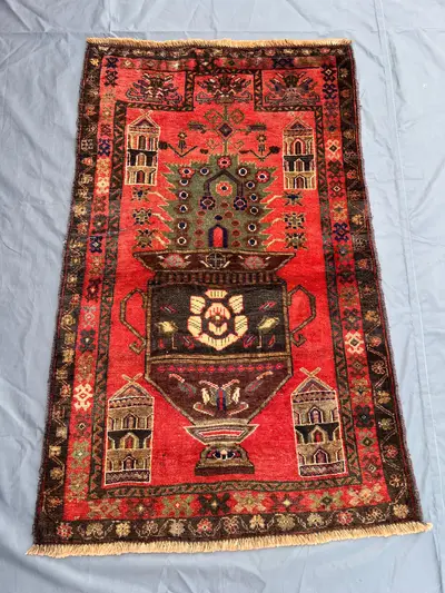 Antique Afghan Pictorial Rug 2'4x4'1 Ft | Hand Knotted Wool Rug | Floral Vase Design | Vintage Tribal Carpet |
