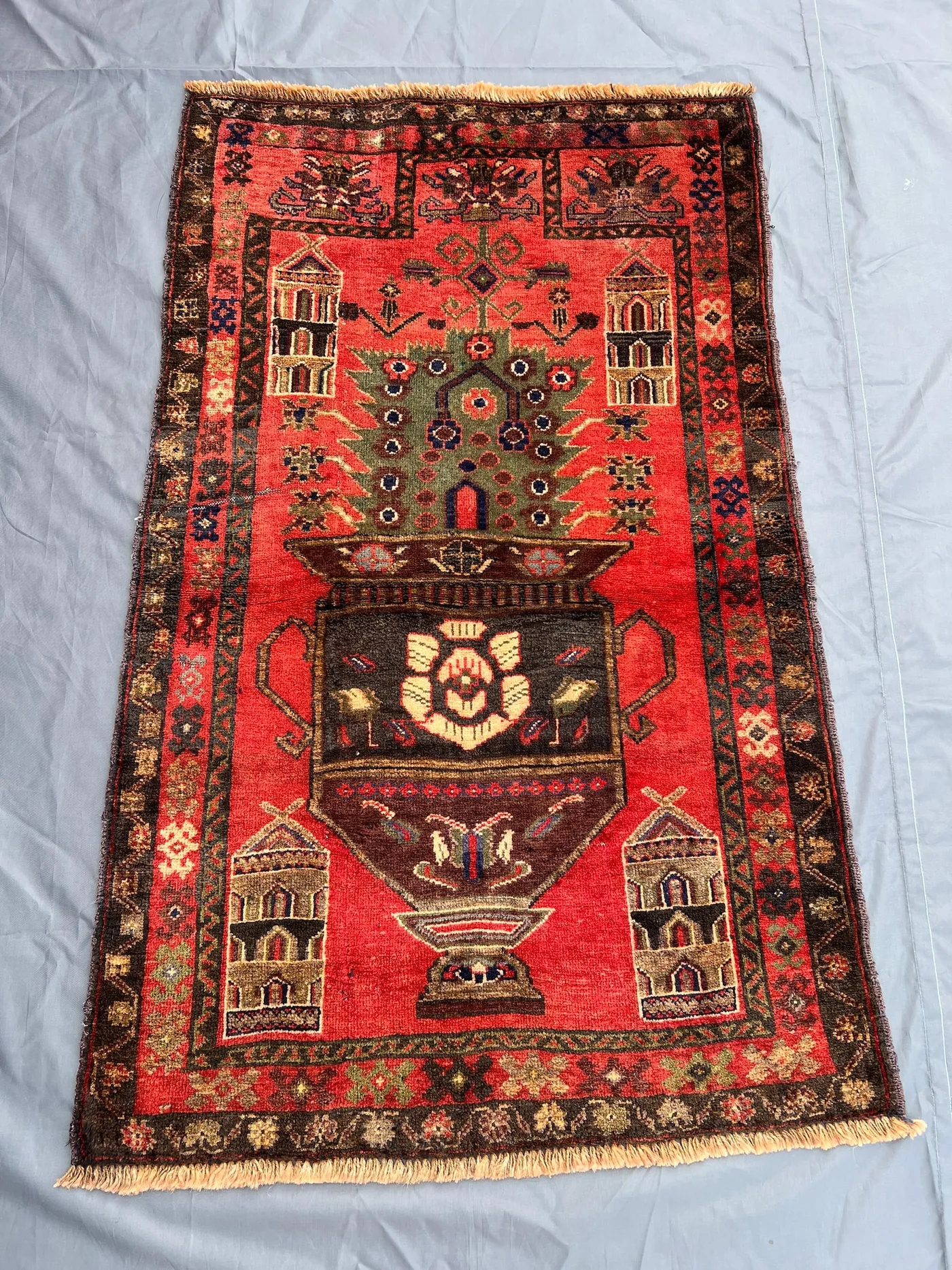 Antique Afghan Pictorial Rug 2'4x4'1 Ft | Hand Knotted Wool Rug | Floral Vase Design | Vintage Tribal Carpet | Boho Oriental Rug Decor