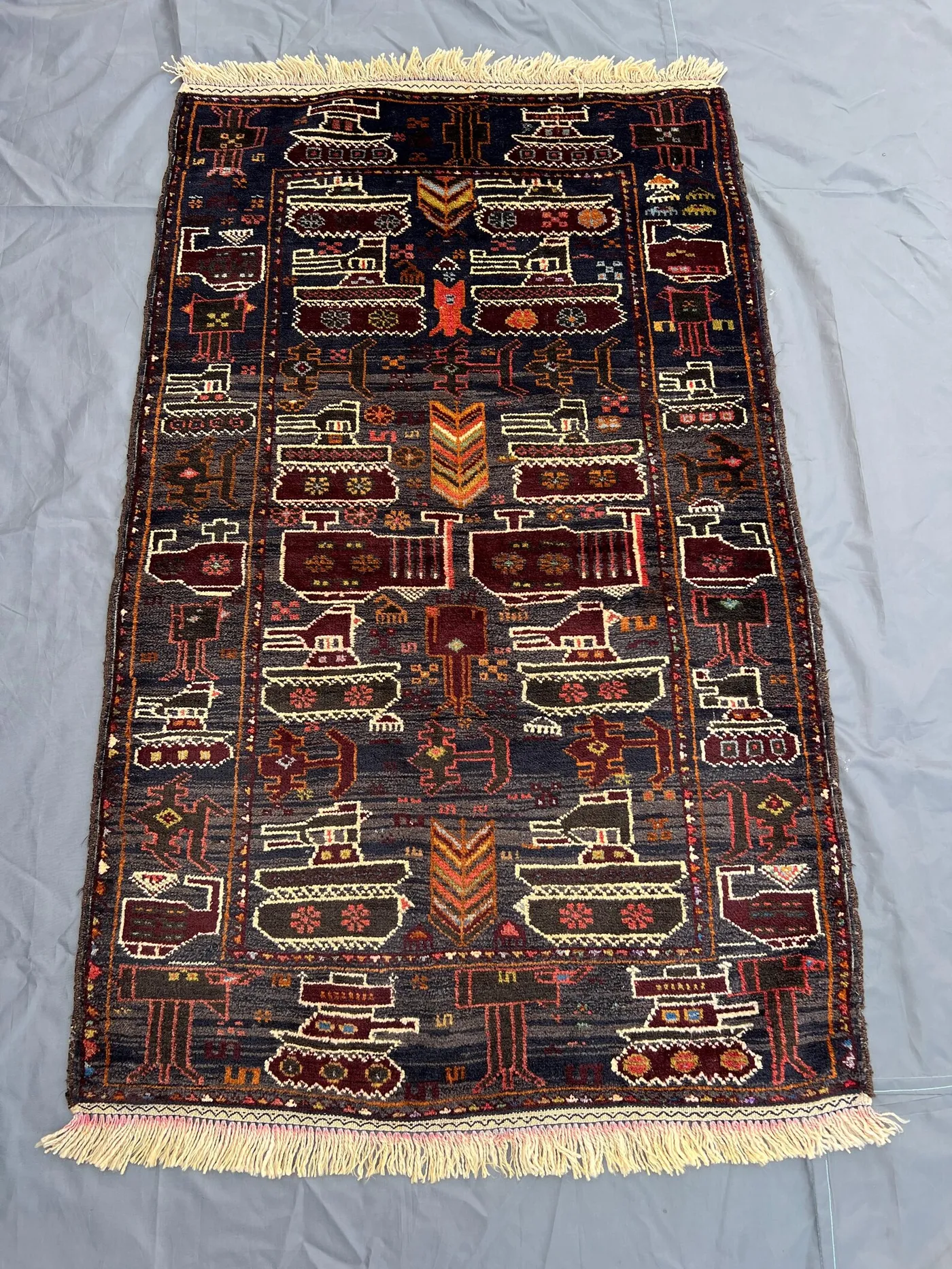 Antique Afghan War Rug 3x4'10 Ft | Hand Knotted Wool Tribal Rug | Dark Tonal Folk Art | Vintage Military Decor | Rare Collectible Carpet