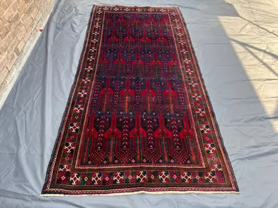 Antique Afghan Rug 4'6x9'2 Ft | Hand Knotted Wool Runner | Deep Red & Navy Tribal Carpet | Long Vintage Corrid