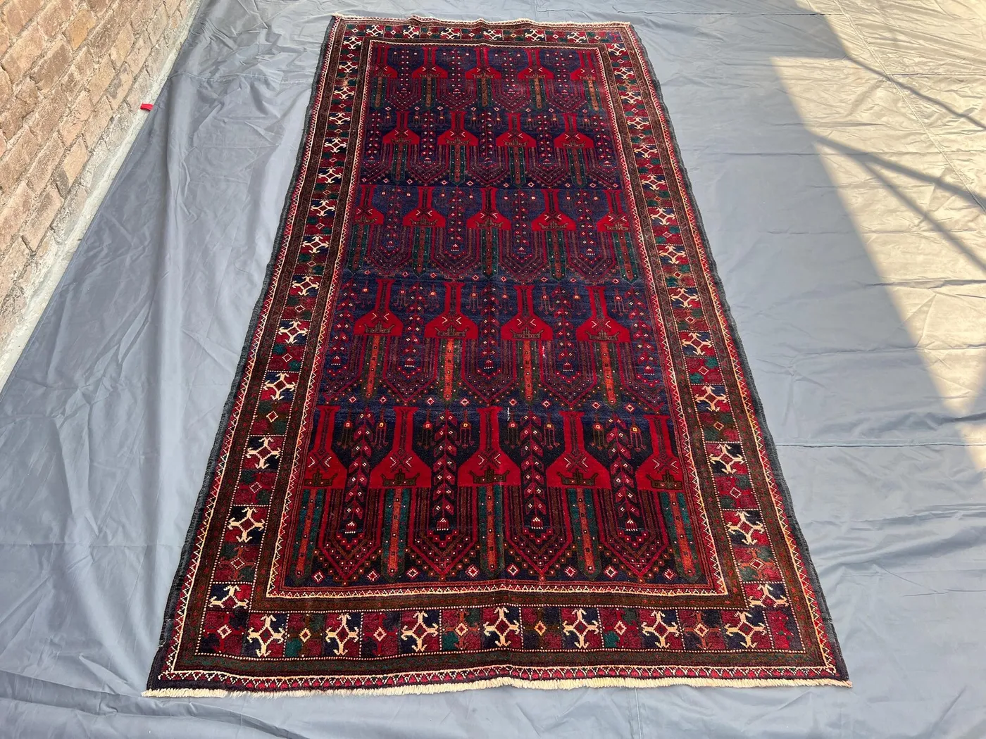 Antique Afghan Rug 4'6x9'2 Ft | Hand Knotted Wool Runner | Deep Red & Navy Tribal Carpet | Long Vintage Corridor Rug | Rustic Boho Decor