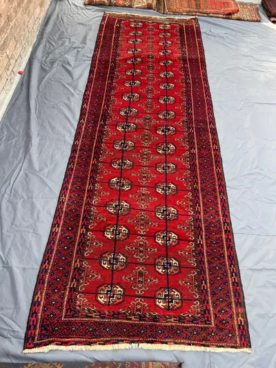 Antique Bukhara Runner 4x11 | Wide Red Hand Knotted Rug | Distressed Turkmen Wool Carpet | Vintage Tribal Hall