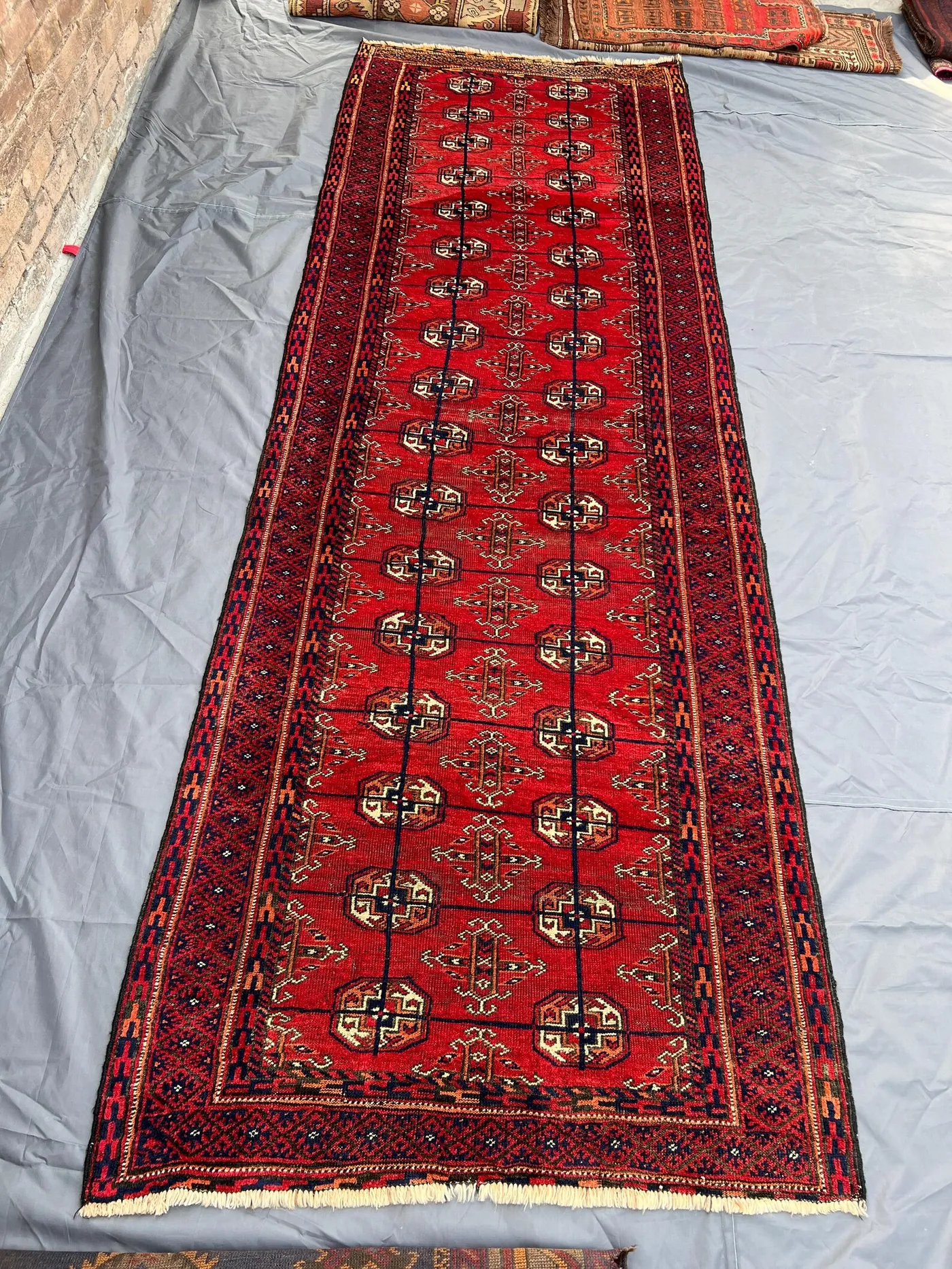 Antique Bukhara Runner 4x11 | Wide Red Hand Knotted Rug | Distressed Turkmen Wool Carpet | Vintage Tribal Hallway Decor Rug | Outdoor Rug
