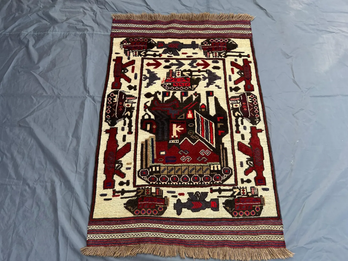Vintage Afghan War Rug 3.1x4.5 ft | Hand Knotted Tribal Wool Rug | Pictorial Story Rug | Unique Ethnic Wall or Floor Decor Office Rug