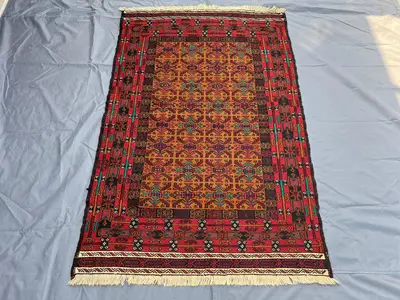 Vintage Afghan Sumak Rug 3.10x5.11 ft | Handmade Wool Flatweave | Tribal Kilim Style Rug | Ethnic Pattern Boho