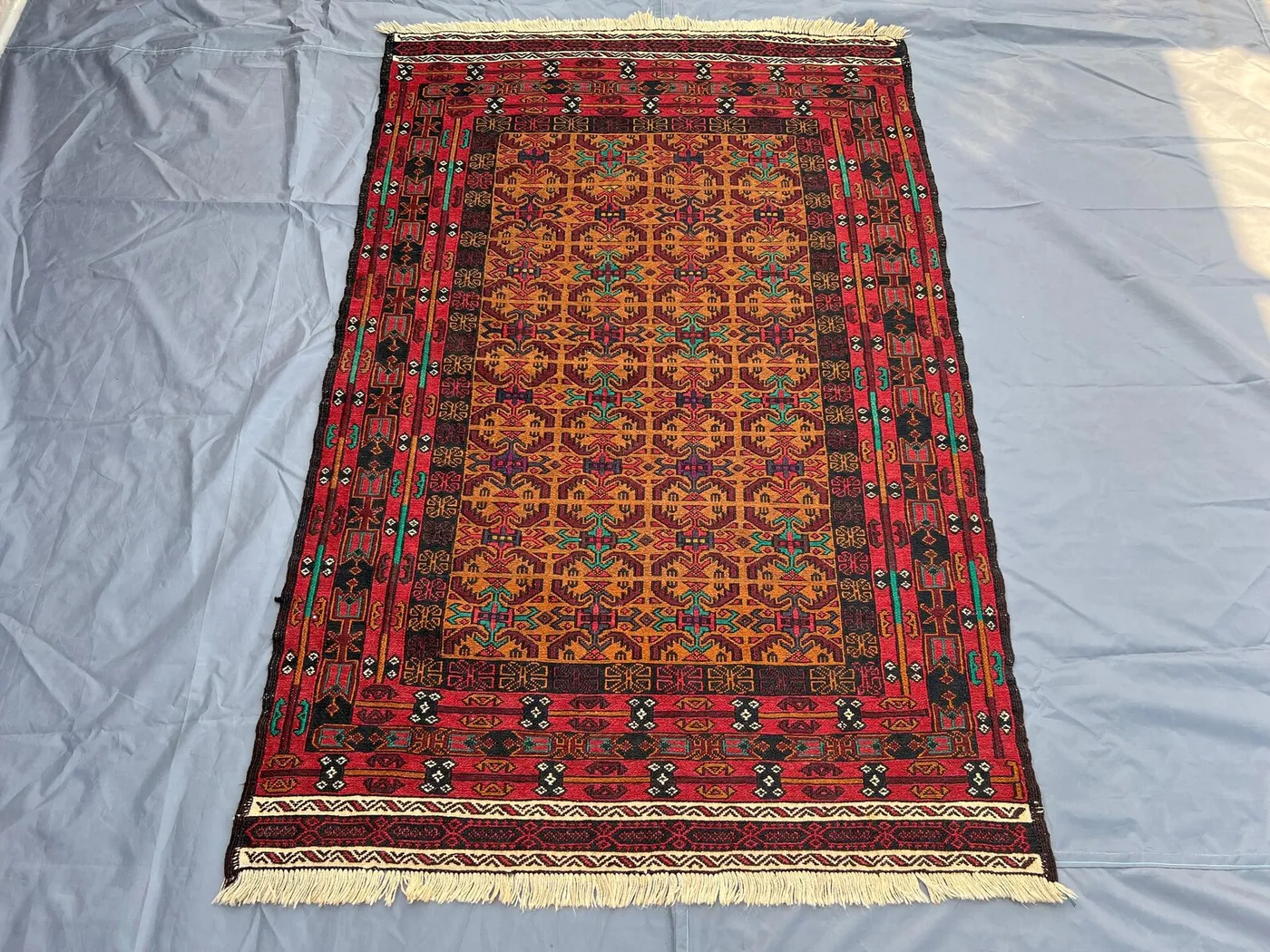 Vintage Afghan Sumak Rug 3.10x5.11 ft | Handmade Wool Flatweave | Tribal Kilim Style Rug | Ethnic Pattern Boho Area Carpet | Moss rug