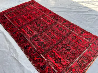 Antique Afghan Baluchi Rug 3.7x7.2 | Rare Tribal Wool Rug | Hand Knotted Geometric Pattern | Vintage Red Black