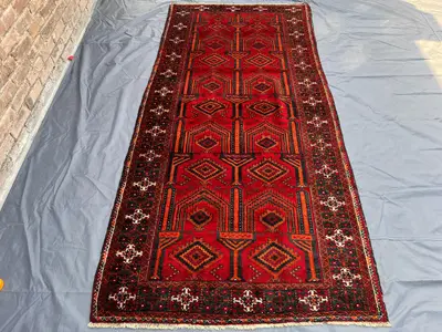 Vintage Afghan Rug 4.4x8.9 ft | Hand Knotted Wool Tribal Runner | Red Geometric Pattern Carpet | Oriental Hall