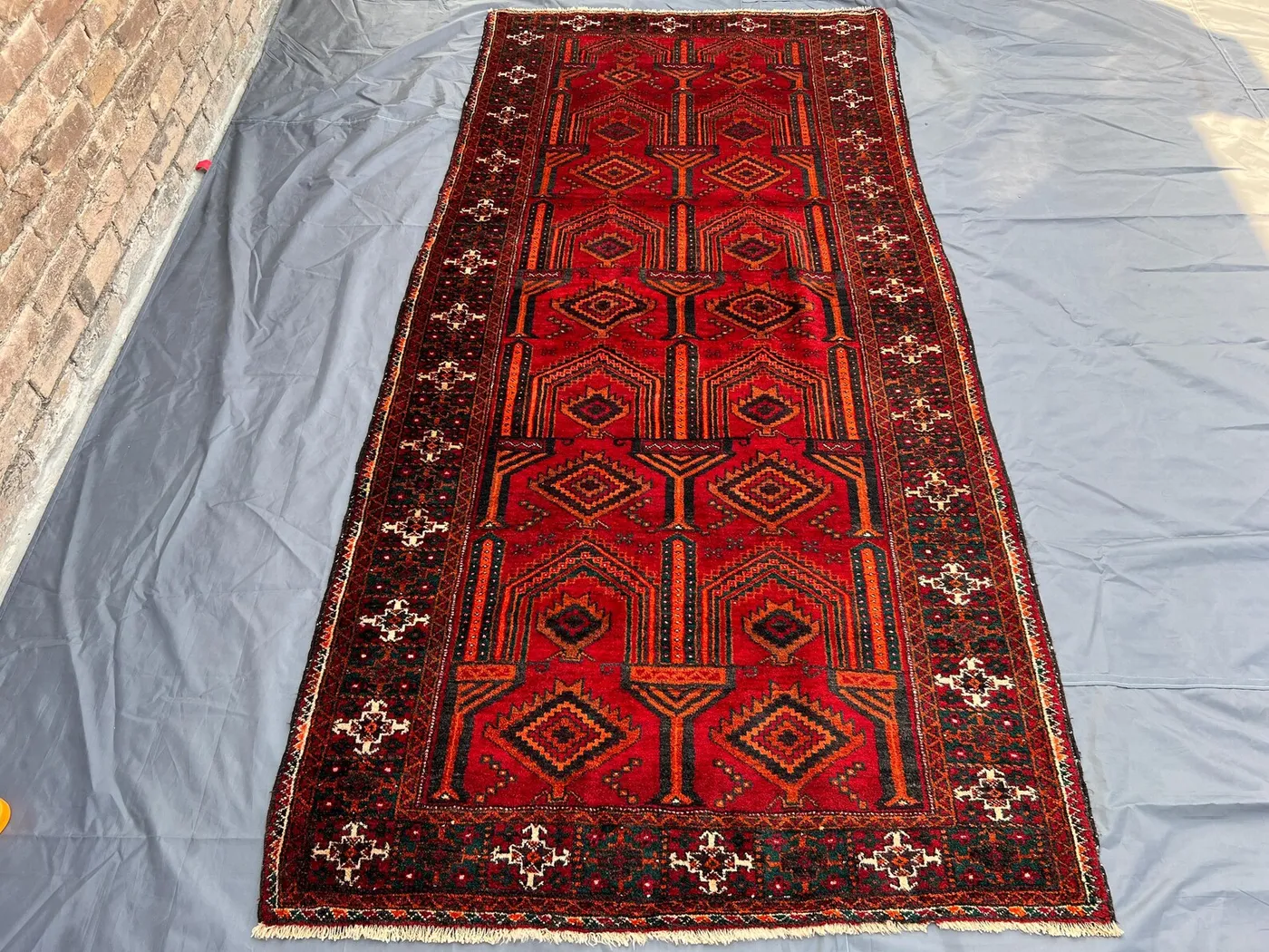 Vintage Afghan Rug 4.4x8.9 ft | Hand Knotted Wool Tribal Runner | Red Geometric Pattern Carpet | Oriental Hallway or Living Room Area Rug