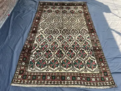Antique Afghan Baluchi Rug 5.3x8.9 ft | Faded Hand Knotted Nomadic Wool Rug | Rare Tribal Geometric Carpet | V