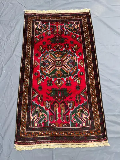 Vintage Afghan Baluchi Rug 3x5 | Hand Knotted Wool Tribal Runner | Red Black Oriental Accent | Boho Decor | No