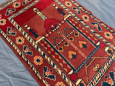 Turkmen Prayer Rug 3x4 | Hand Knotted Wool Afghan Accent | Red Islamic Mihrab Mat | Boho Small Decor Rug | Vin