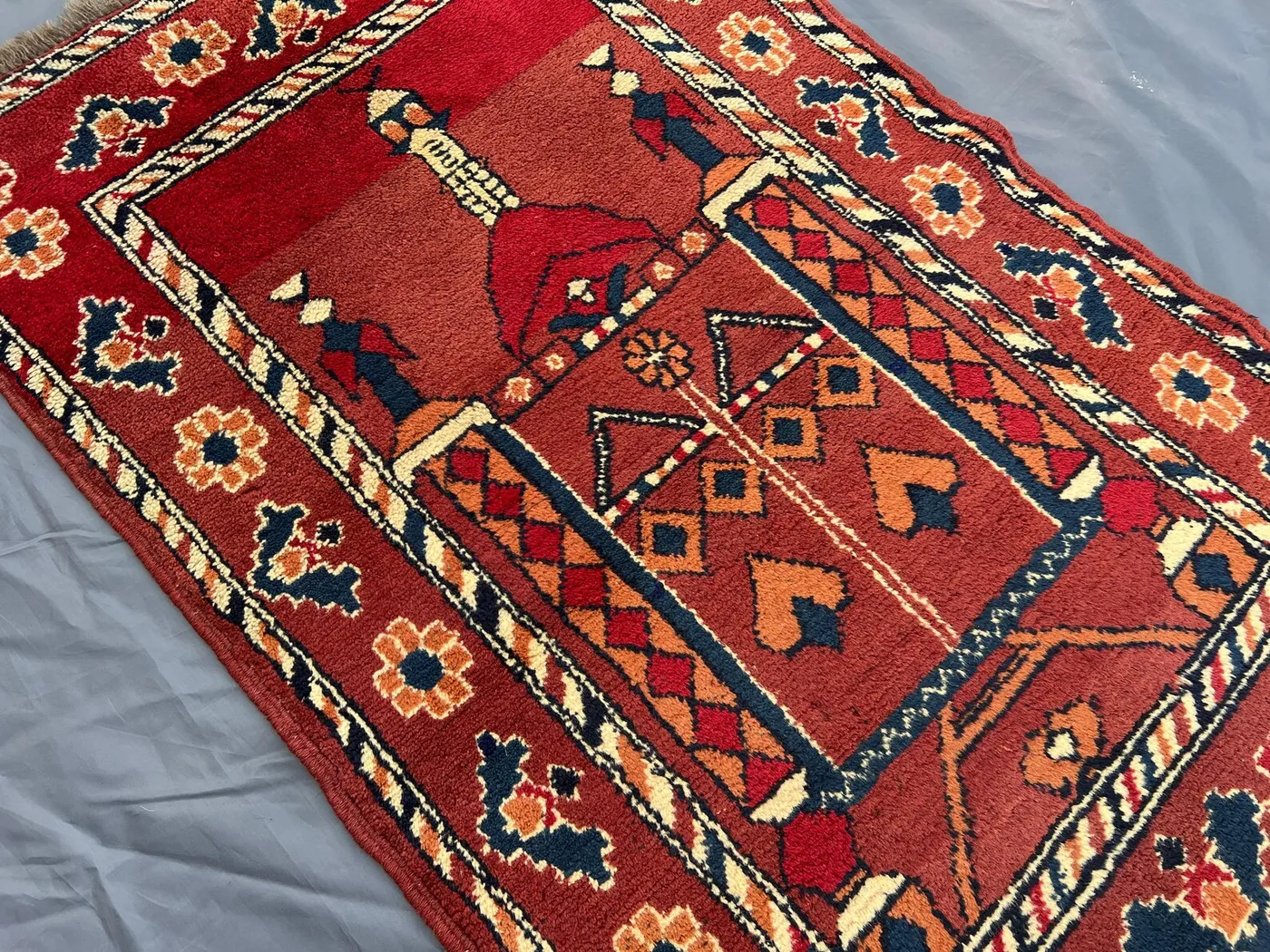 Turkmen Prayer Rug 3x4 | Hand Knotted Wool Afghan Accent | Red Islamic Mihrab Mat | Boho Small Decor Rug | Vintage Bathroom Rug | Kids rug