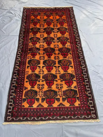 Afghan Tribal Rug 3'10x7'8 | Hand Knotted Wool Red Orange Runner | Tulip Motif Nomadic Decor | Vintage Boho Ac