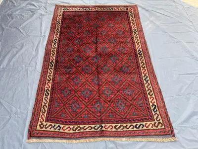 Antique Afghan Nomadic Rug 4'2x6'4 ft | Hand Knotted Tribal Wool | Red Blue Diamond Pattern | Fine Ethnic Area