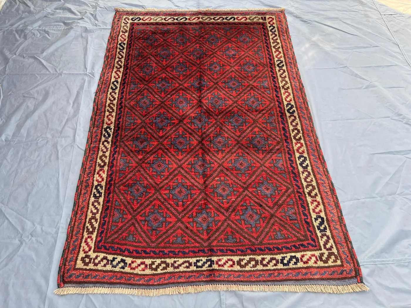 Antique Afghan Nomadic Rug 4'2x6'4 ft | Hand Knotted Tribal Wool | Red Blue Diamond Pattern | Fine Ethnic Area Rug | Vintage Boho Decor