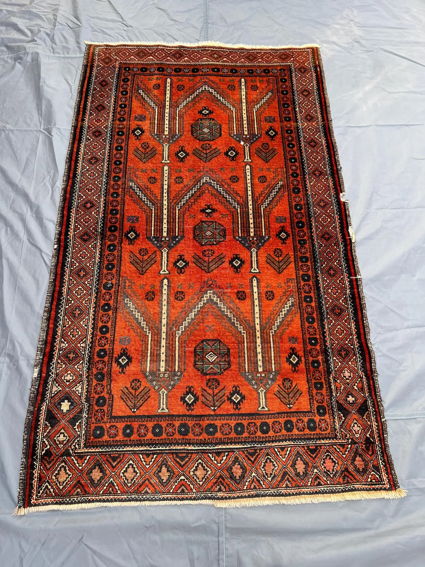 Antique Afghan Rug 3'10x6'6 ft | Hand Knotted Orange Wool Rug | Tribal Faded Prayer Design | Boho Accent Area Carpet | Vintage Decor | Anime