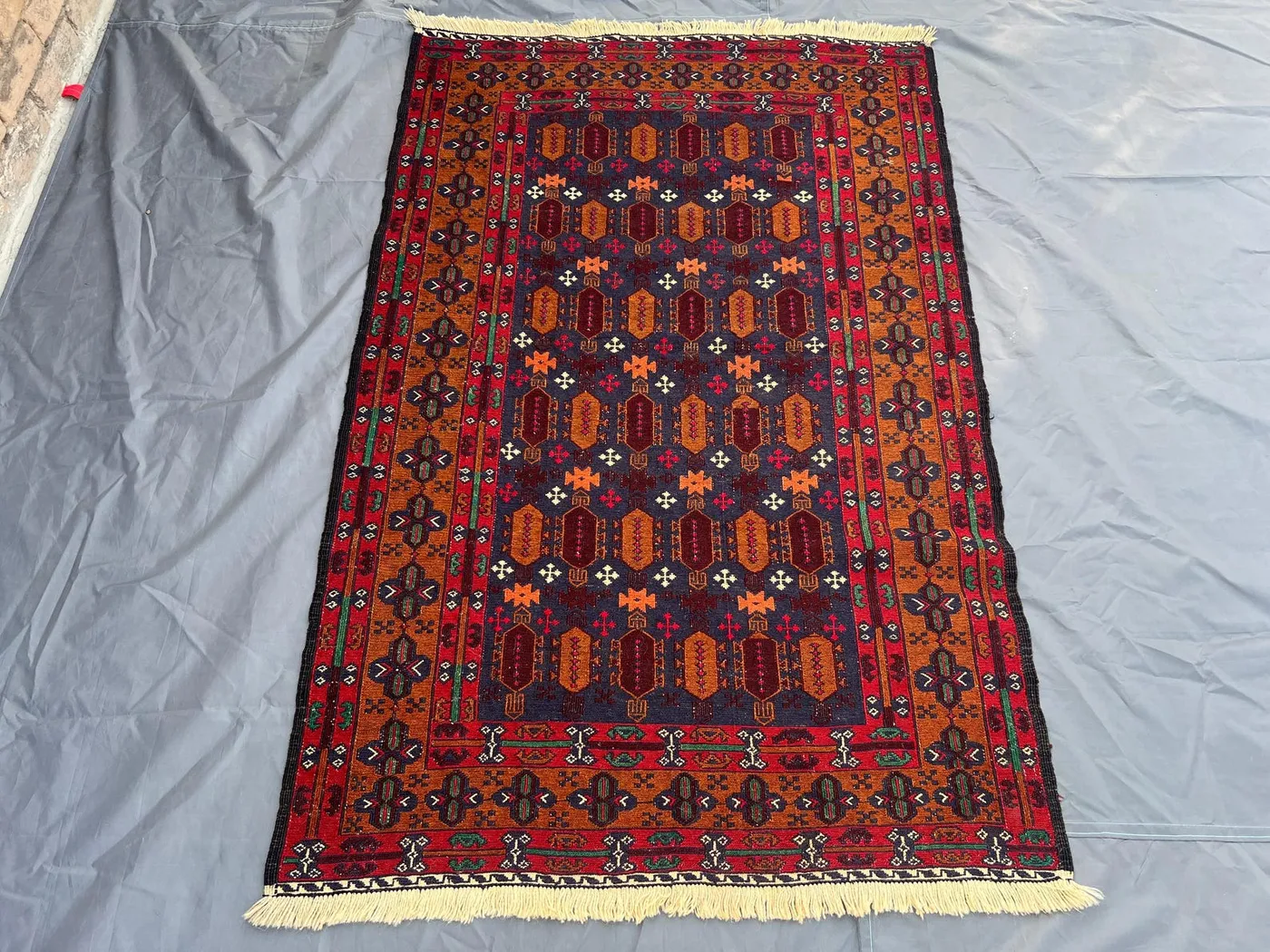 Vintage Sumak Kilim Rug 3'9x5'9 | Afghan Handmade Flatweave | Tribal Geometric Wool Accent | Boho Ethnic Decor | Rustic Woven Rug | Moss Rug