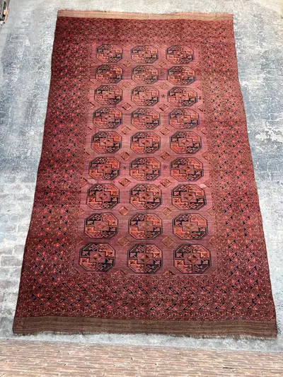 1880s Antique Turkmen Rug 9'10x16'5 | Large Elephant Foot Gul Carpet | Tribal Handmade Wool | Faded Red Bukhar