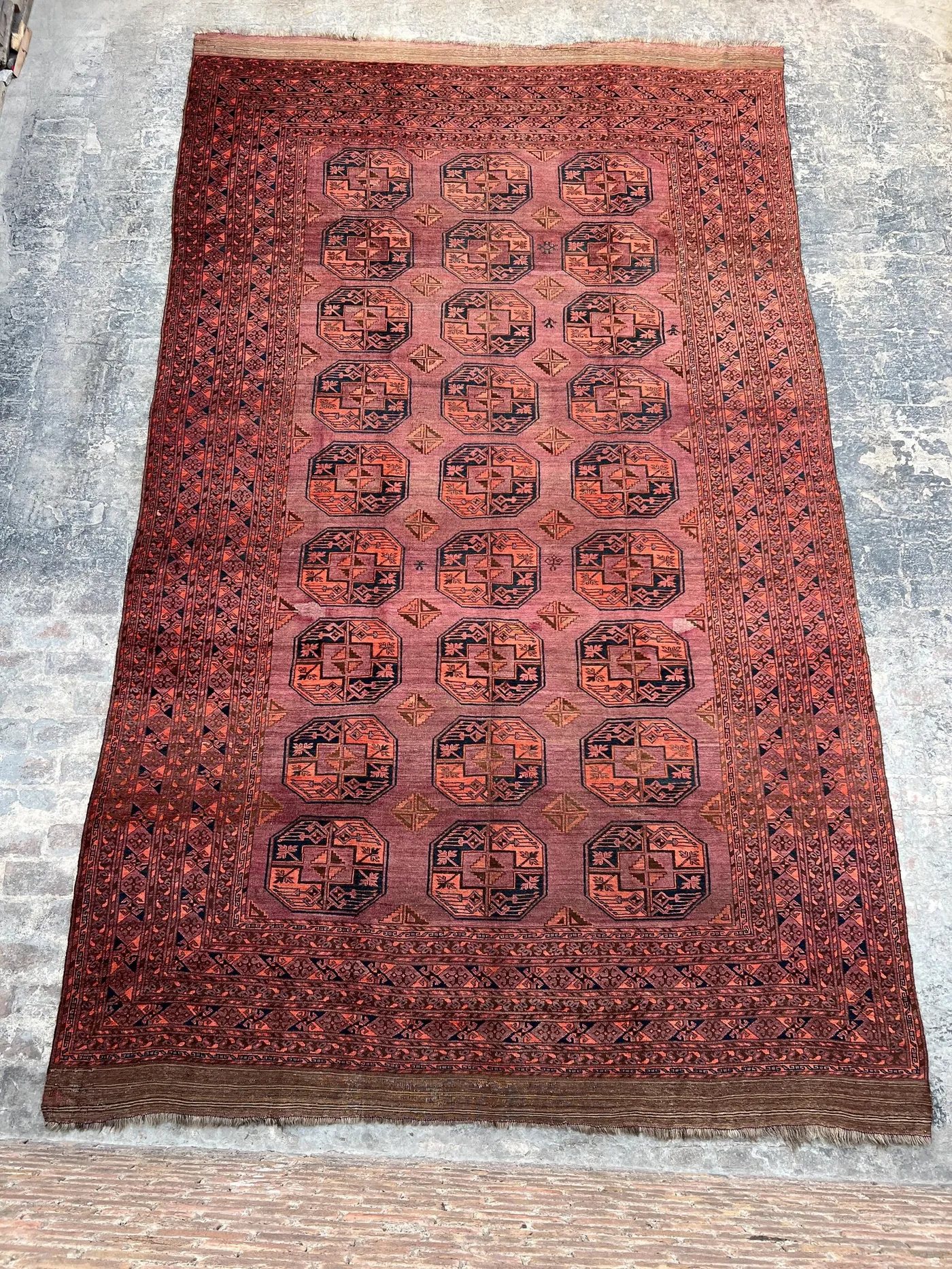 1880s Antique Turkmen Rug 9'10x16'5 | Large Elephant Foot Gul Carpet | Tribal Handmade Wool | Faded Red Bukhara Decor | Rare Collector