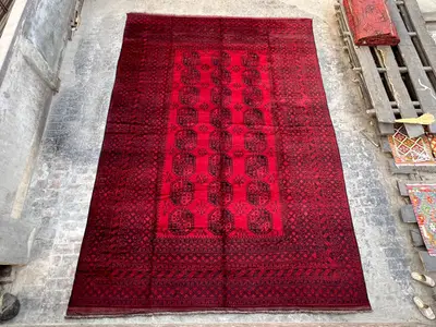 Antique Turkmen Rug 11'10x16'9 | 1940s Bukhara Red Wool Carpet | Large Elephant Foot Gul | Tribal Handmade Dec