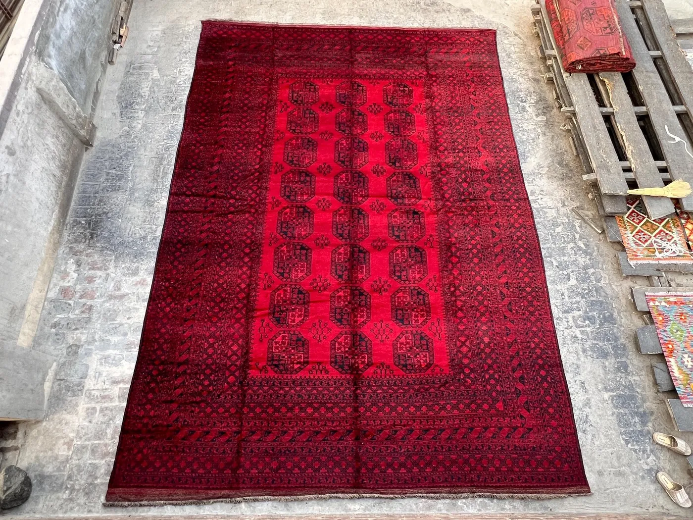 Antique Turkmen Rug 11'10x16'9 | 1940s Bukhara Red Wool Carpet | Large Elephant Foot Gul | Tribal Handmade Decor | Vintage Floor Rug | 12x17